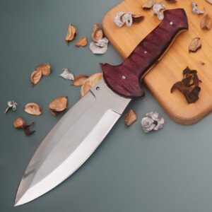 Handmade Double Edge Hunting Knife | Full Tang Polished Steel Blade | Wooden Handle Survival Bowie Knife for Camping & Outdoors