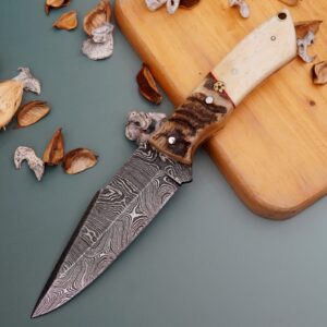 Handmade Damascus Steel Hunting Knife with Bone & Sheep Horn Handle
