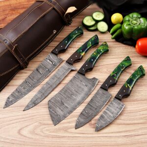 Premium Damascus Steel Kitchen Knife Set with Resin Handle – 5 Pcs with Leather Roll